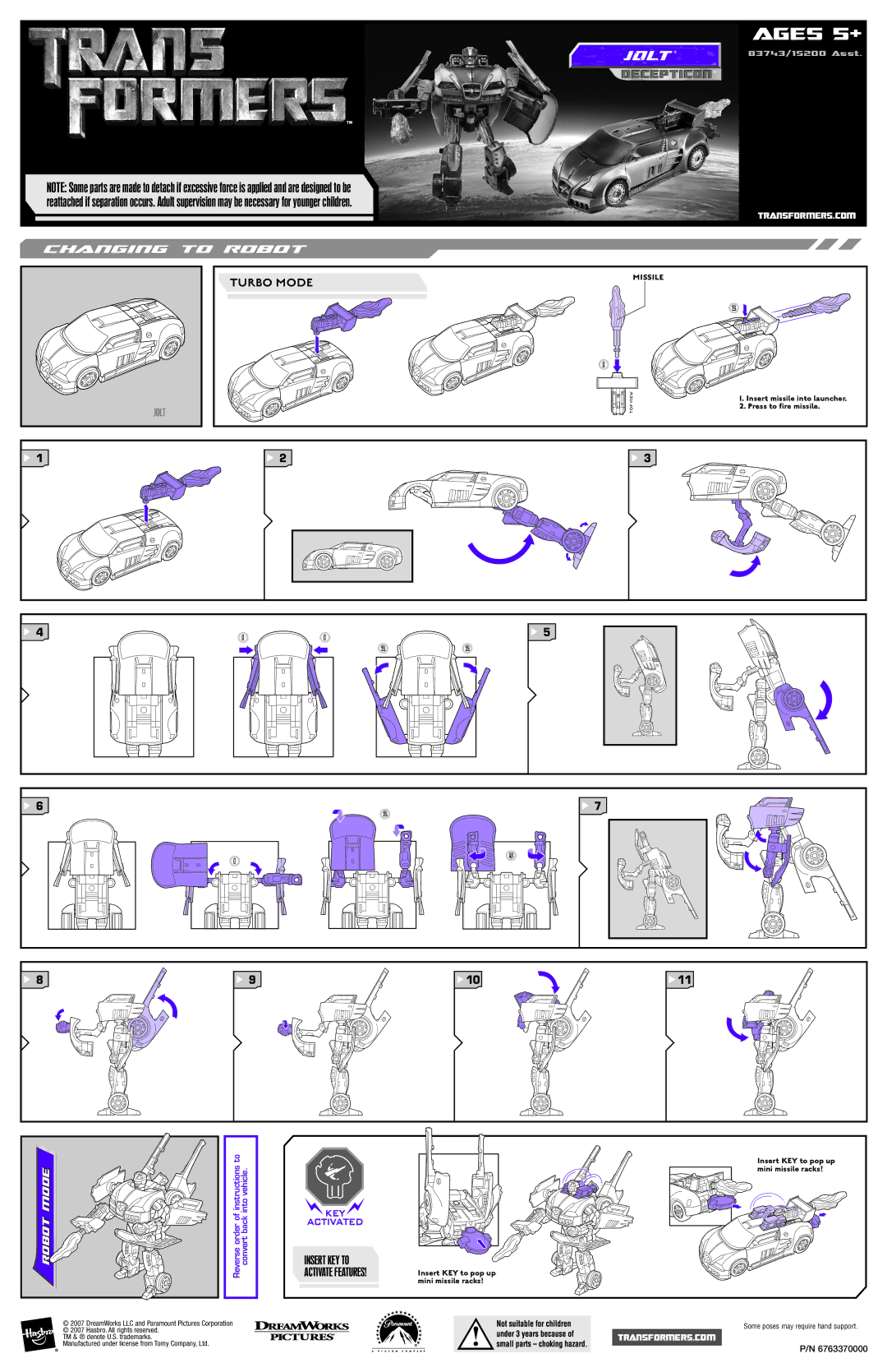 Hasbro 83743 manual Ages 5+, Jolt, Decepticon, Insert KEY to, Activate FEATURES!Insert Key to pop up mini missile racks 