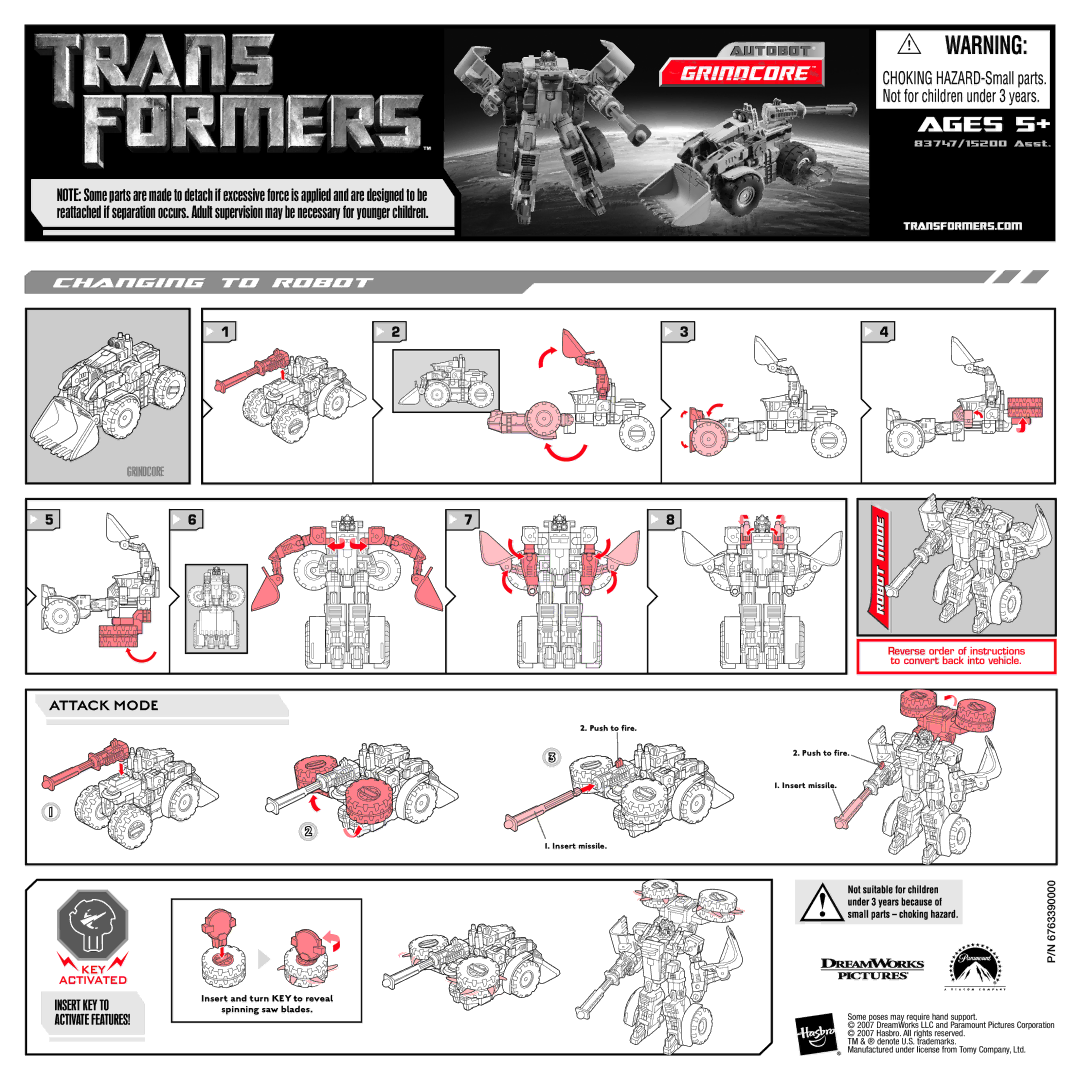 Hasbro 15200, 83747 manual Ages 5+, Attack Mode, Insert and turn Key to reveal Spinning saw blades 