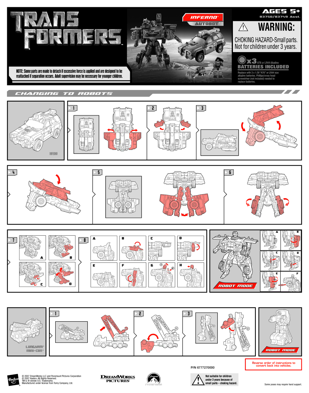Hasbro 83749, 83750 manual Ages 5+, Changing to Robots, Robot Mode 