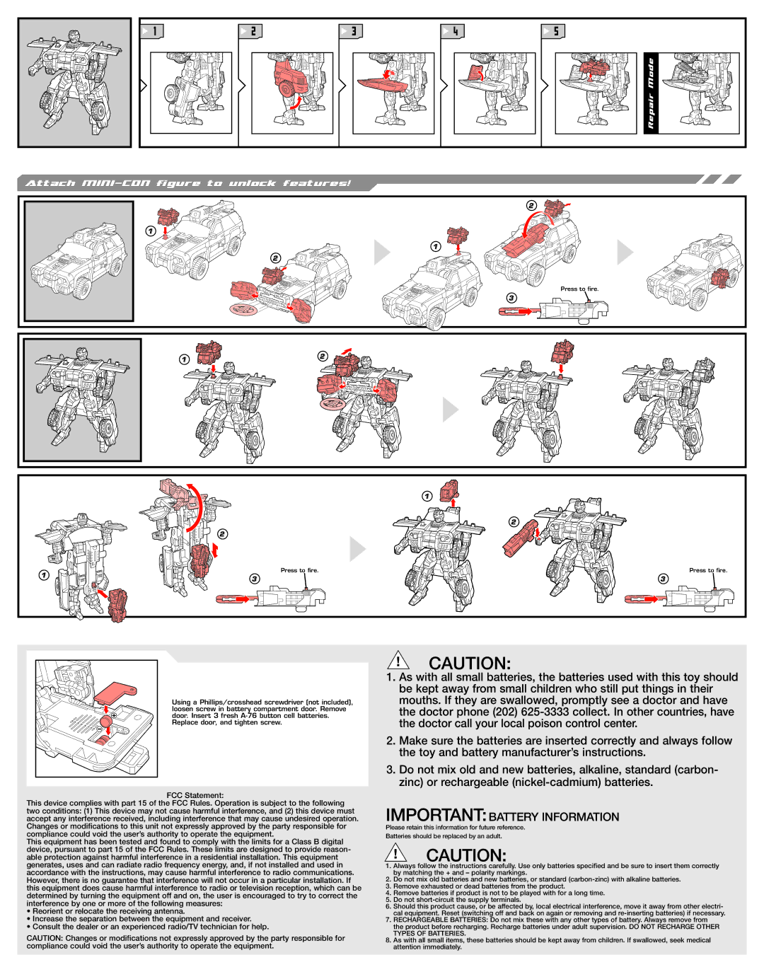 Hasbro 83750, 83749 manual Importantbattery Information, Attach MINI-CON figure to unlock features 