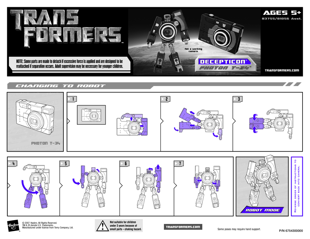 Hasbro 83755 manual Ages 5+, Decepticon, Photon T-34, Robot Mode 