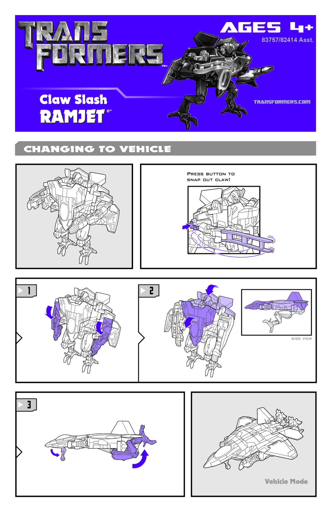 Hasbro 83757 manual Ages 4+, Changing to Vehicle, Vehicle Mode 