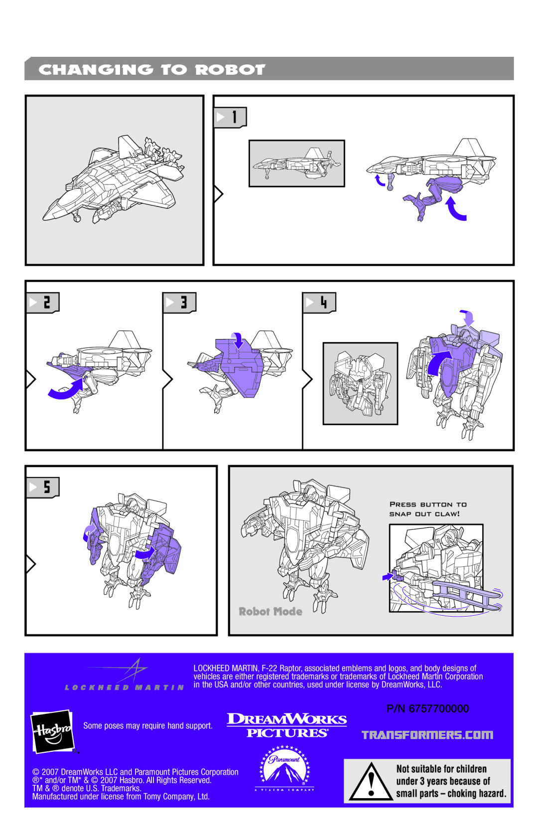 Hasbro 83757 manual Changing to Robot, Transformers.Com, Robot Mode 