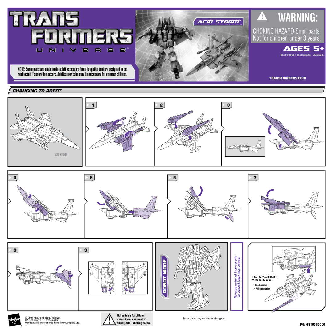 Hasbro 83665, 83792 manual Ages 5+, Changing to Robot, Acid Storm, To Launch Missiles, Insert missiles Push button to fire 