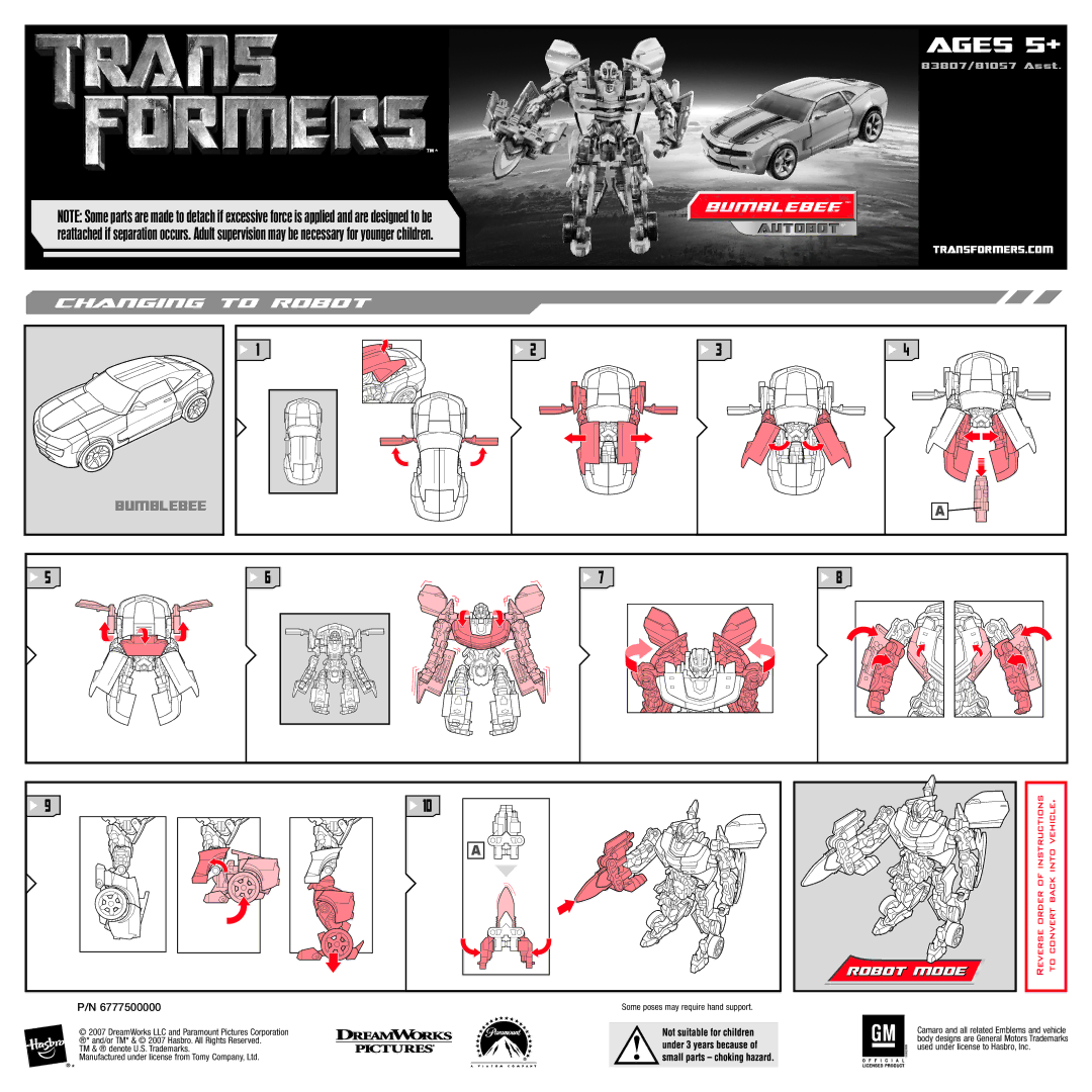 Hasbro 83807 manual Ages 5+, Bumblebee, Robot Mode, Reverse Order 