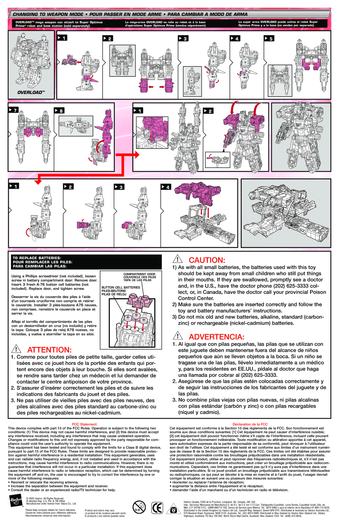 Hasbro 83808, 80703 manual Advertencia, FCC Statement, Déclaration de la FCC 