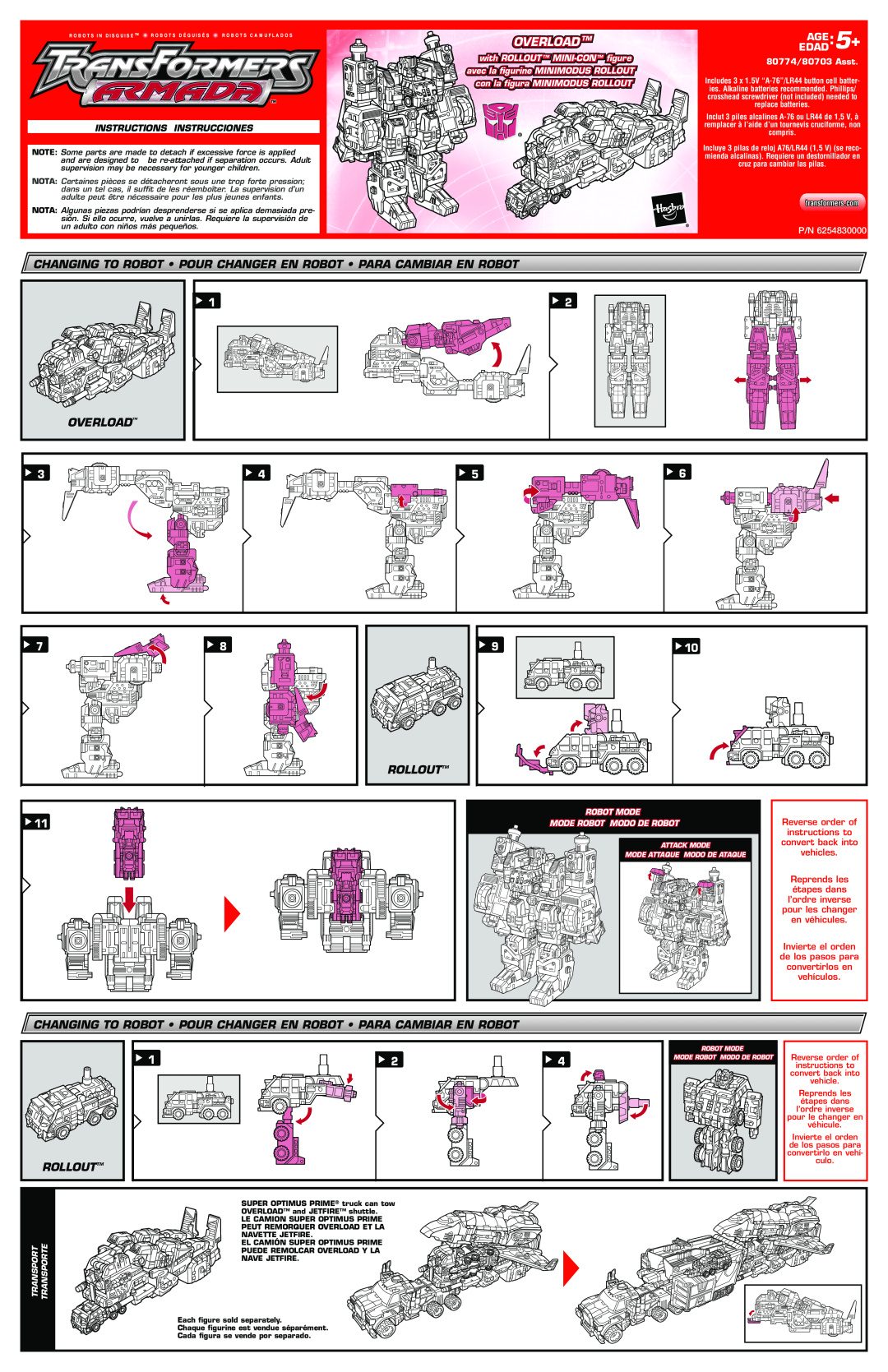 Hasbro 80703, 83808 manual Overload Tm, Changing To Robot Pour Changer En Robot Para Cambiar En Robot, Rollout, EDADAGE5+ 