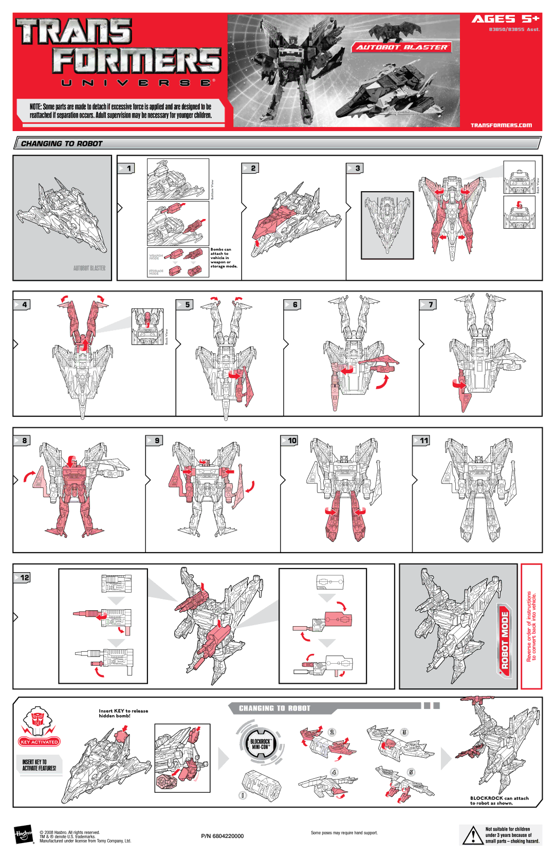 Hasbro 83850, 83855 Asst manual Ages 5+, Autobot Blaster, Changing to Robot 