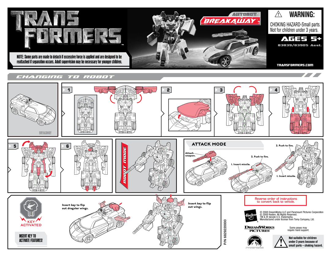 Hasbro 83839, 83905 manual Ages 5+, Attack Mode, Robot, Insert KEY to Activate Features 