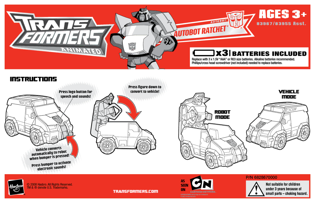 Hasbro manual Ages 3+, Mode Robot, 83967/83955 Asst 