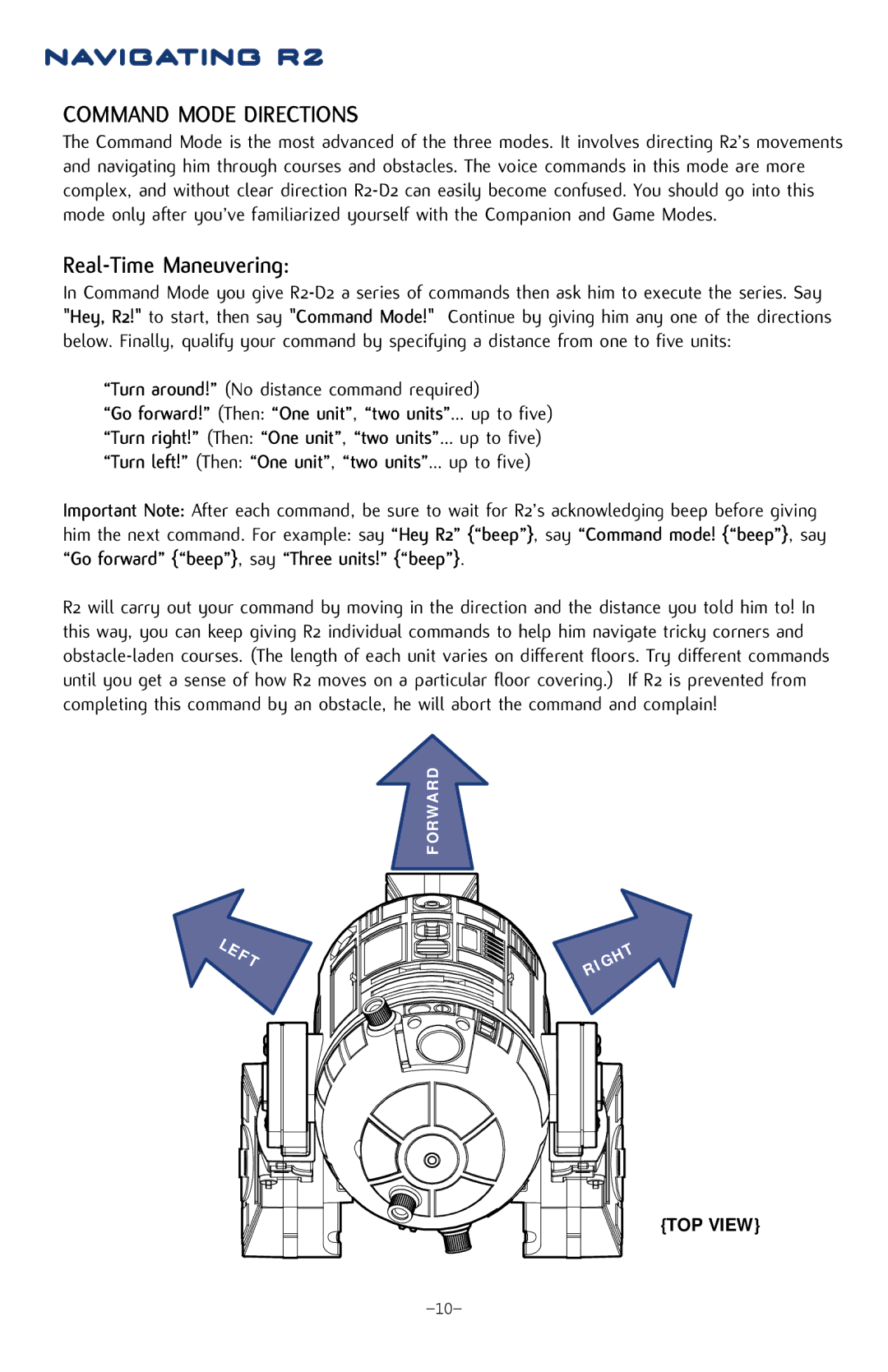 Hasbro 84895 operation manual Navigating R2, Command Mode Directions, Real-Time Maneuvering 