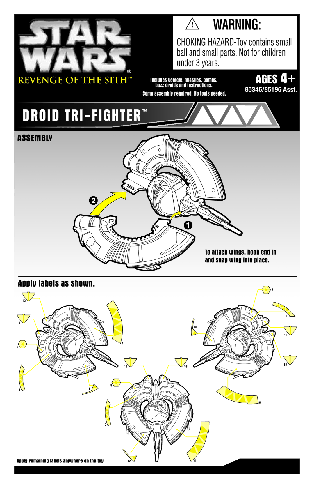 Hasbro 85346/85196 manual Droid TRI-FIGHTER, Assembly, Revenge of the Sith, Apply labels as shown 