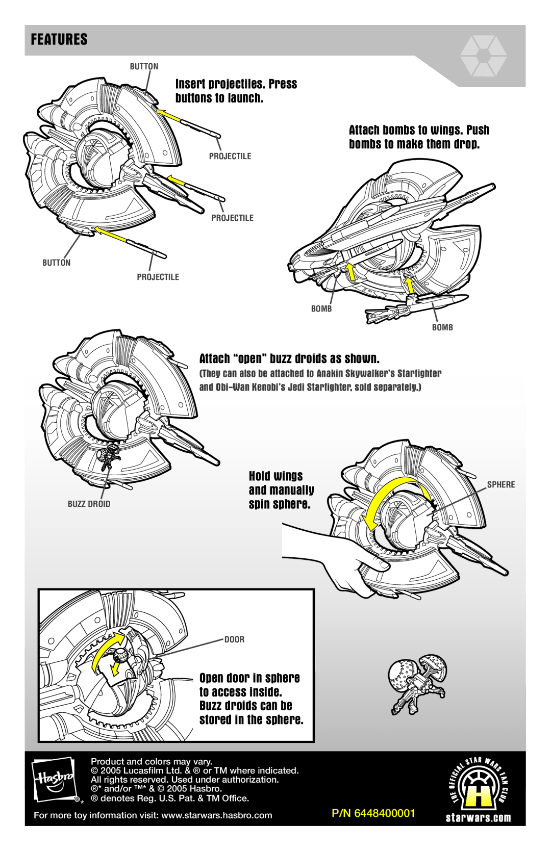 Hasbro 85346/85196 manual Features, Attach open buzz droids as shown, Hold wings, Manually, Spin sphere 