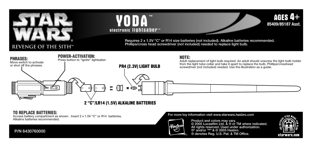 Hasbro 85409/85187 manual Yoda, Ages, Phrasespower-Activation, To Replace Batteries 