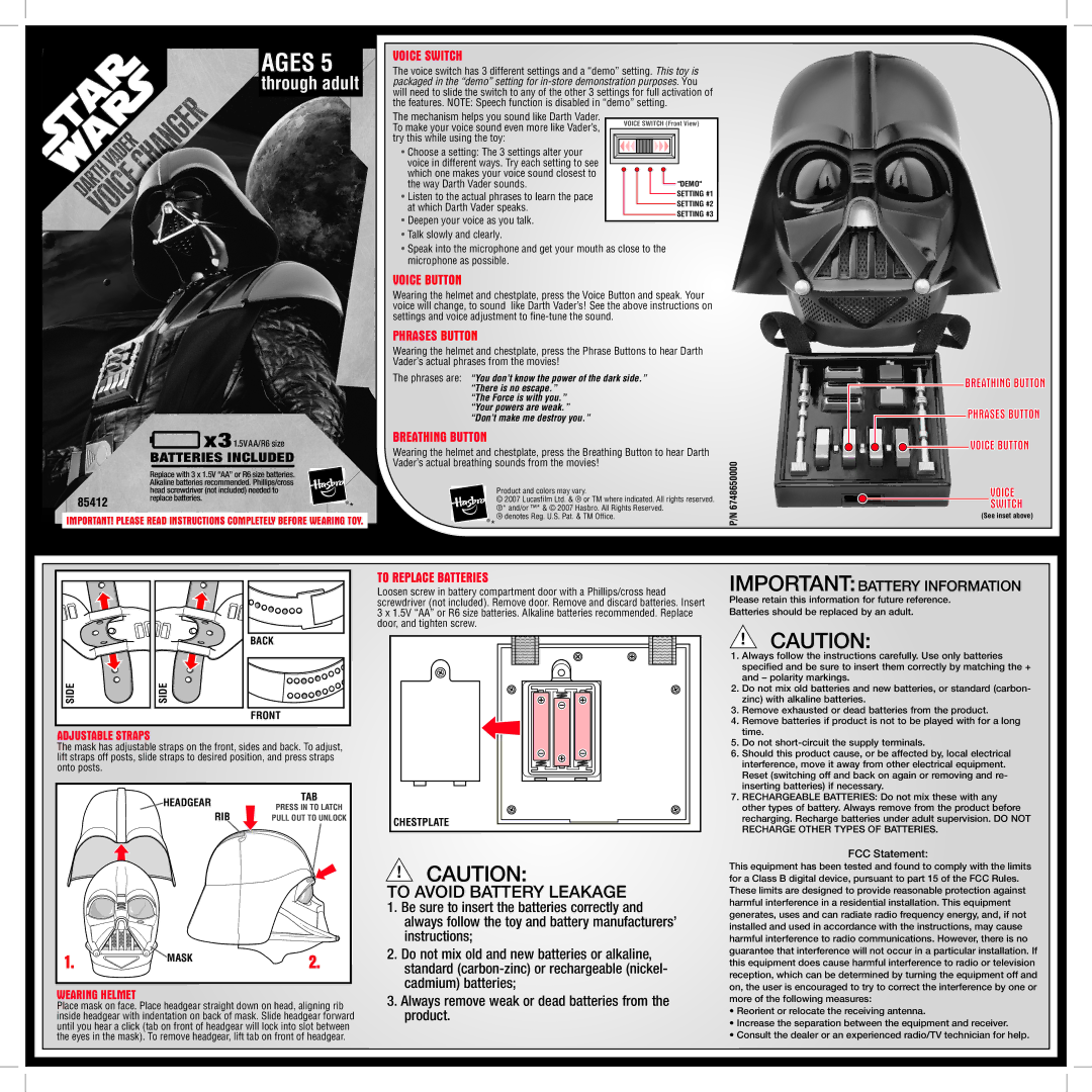 Hasbro 85412 manual Voice Switch, Voice Button, Phrases Button, Breathing Button, To Replace Batteries 