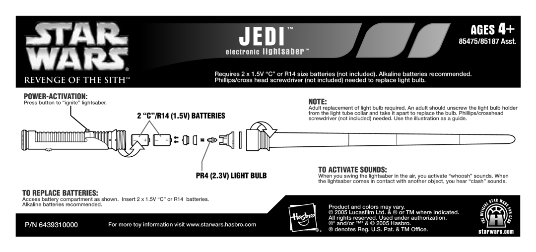 Hasbro 85475/85187 manual Jedi, Power-Activation, To Replace Batteries, To Activate Sounds, Electronic lightsaber 