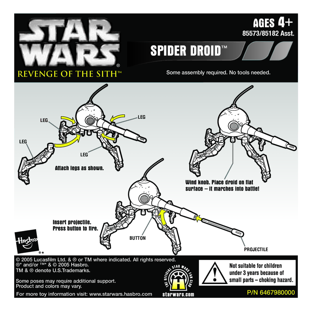 Hasbro 85573 manual Ages, Spider Droid, Revenge of the Sith, Attach legs as shown Insert projectile Press button to fire 