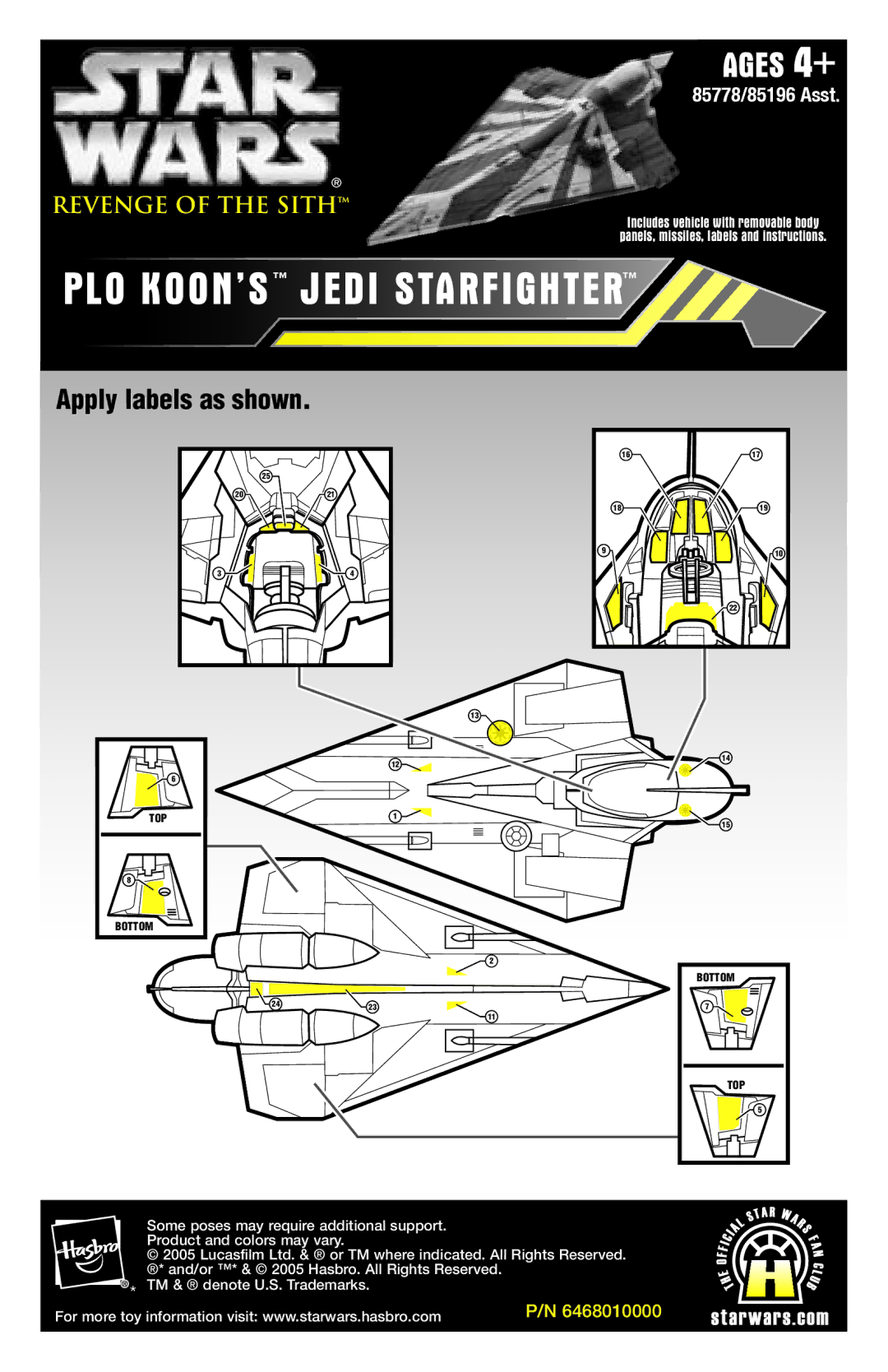 Hasbro 85778/8519 manual PLO KOON’S Jedi Starfighter, Ages 4+, Apply labels as shown 