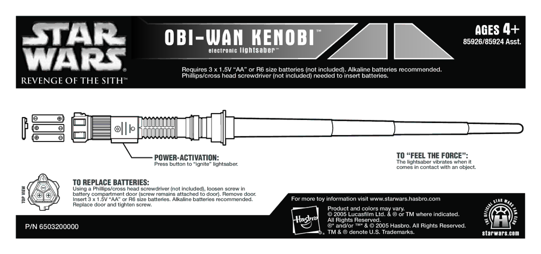 Hasbro 85926/85924 manual OBI-WAN Kenobi, Ages 4+, Power-Activation, To Replace Batteries, To Feel the Force 