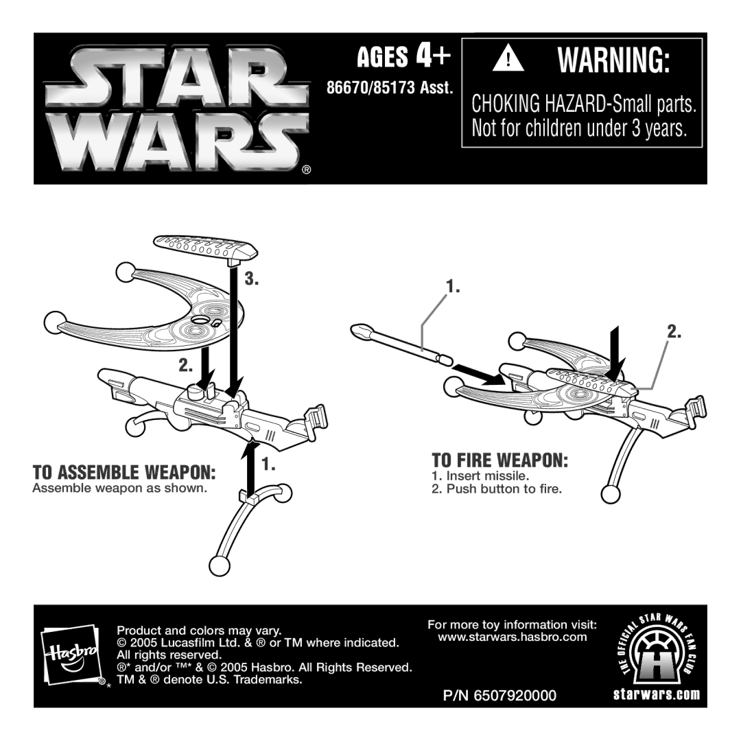 Hasbro 85173, 86670 manual Ages 4+, To Fire Weapon 