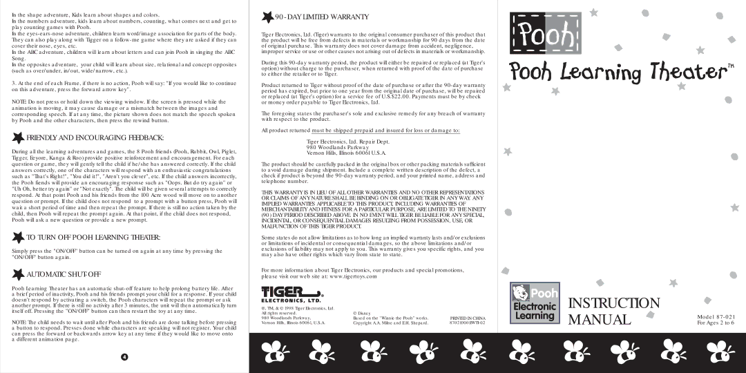 Hasbro 87-021 instruction manual Friendly and Encouraging Feedback, To Turn OFF Pooh Learning Theater, Automatic SHUT-OFF 