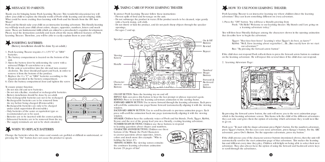 Hasbro 87-021 Message to Parents, Inserting Batteries, Taking Care of Pooh Learning Theater, When to Replace Batteries 