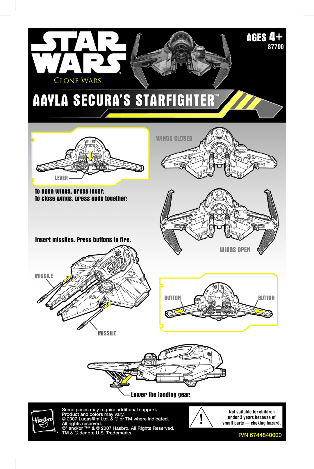 Hasbro 87700 manual Aayla SECURA’S Starfighter, Wings closed, Lower the landing gear 