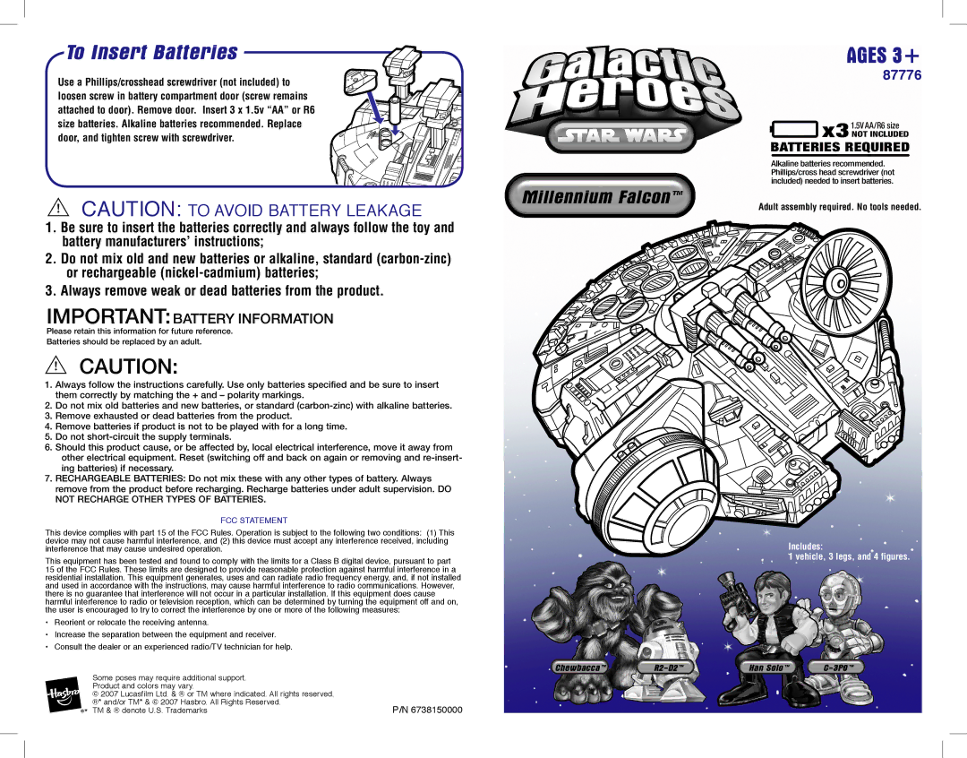 Hasbro 87776 manual To Insert Batteries, Importantbattery Information 