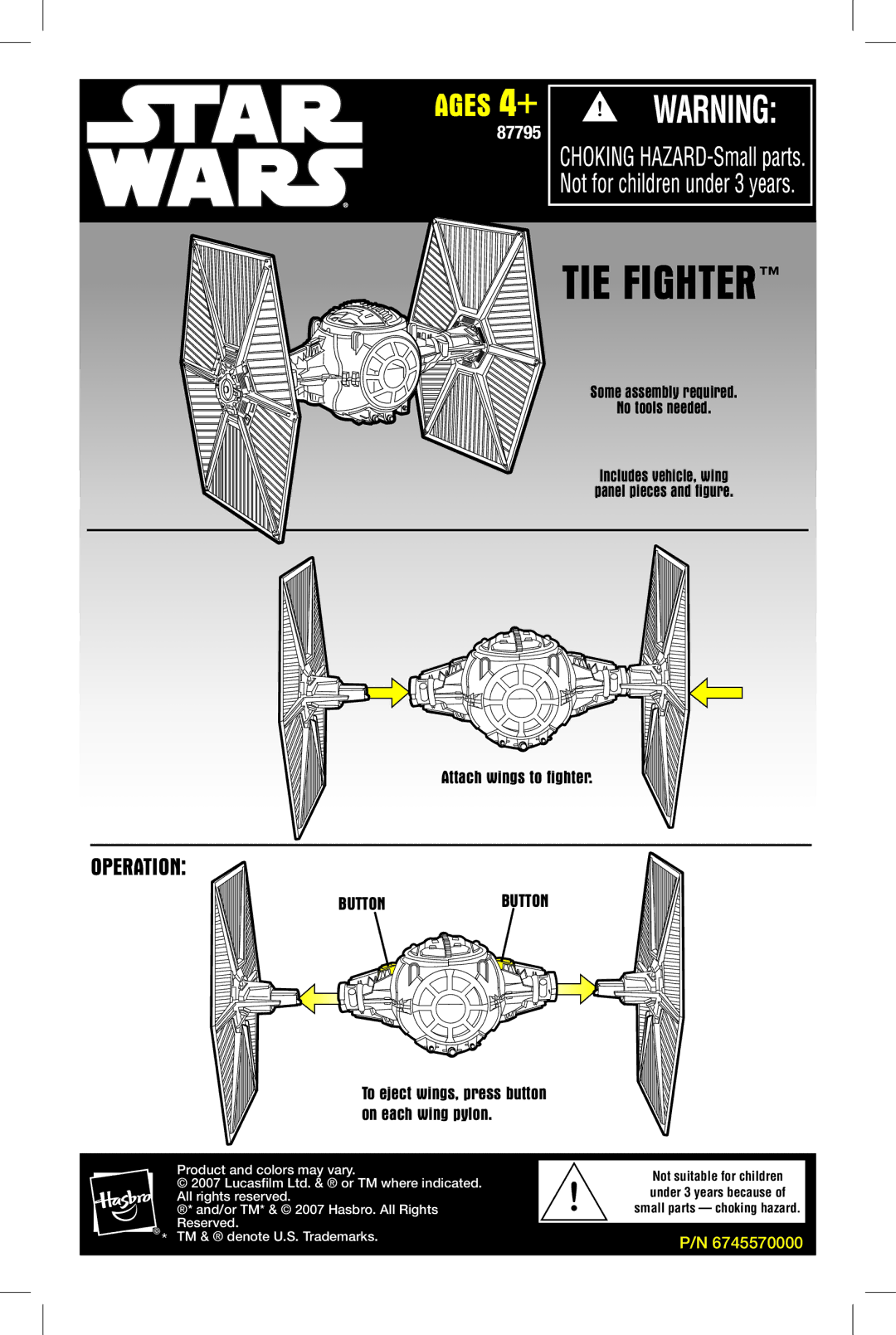 Hasbro 87795 manual TIE Fighter, Operation, Buttonbutton, To eject wings, press button on each wing pylon 