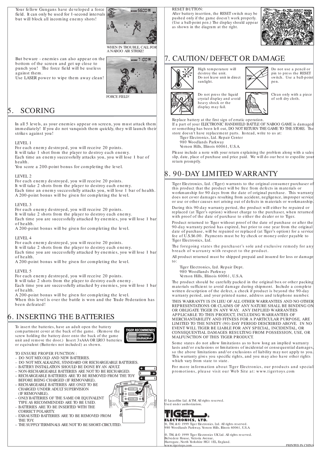 Hasbro 88-003 manual Scoring, Inserting the Batteries, DAY Limited Warranty, Level 