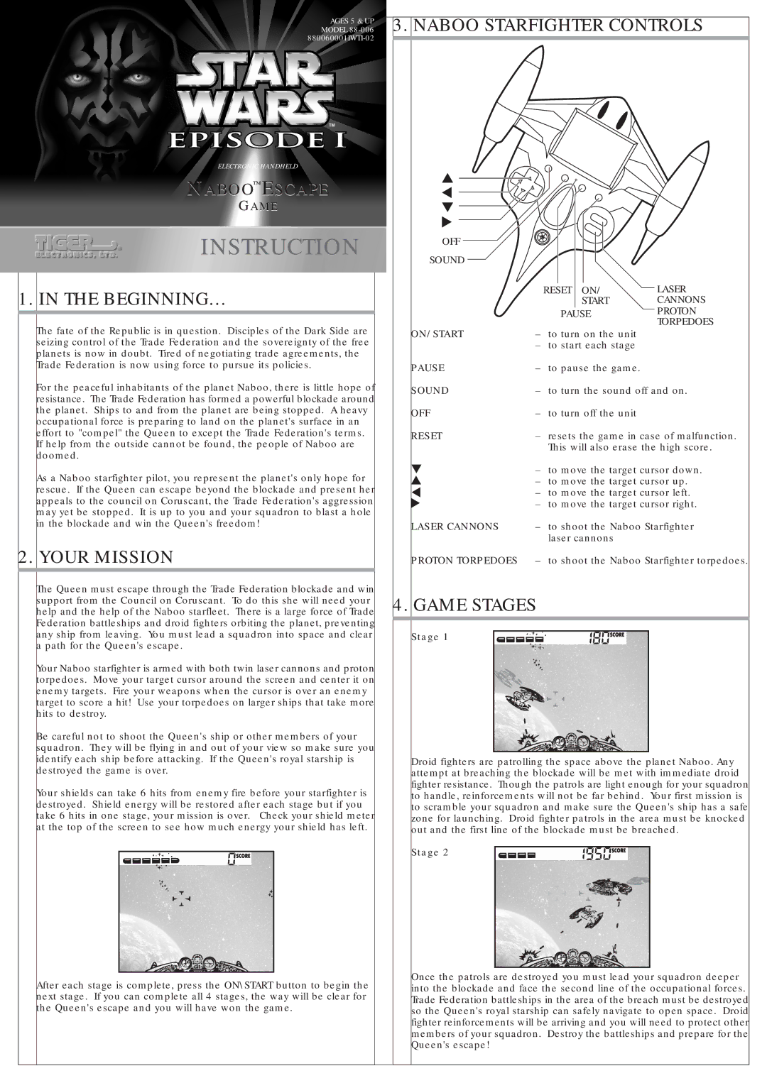 Hasbro 88-006 manual Beginning…, Your Mission, Naboo Starfighter Controls, Game Stages 