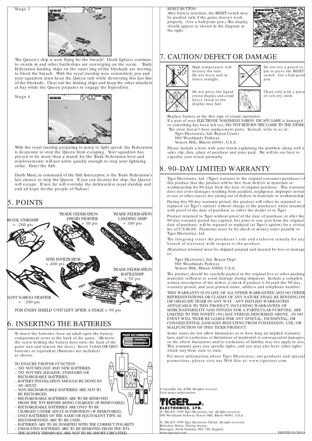 Hasbro 88-006 manual Points, Inserting the Batteries, DAY Limited Warranty 