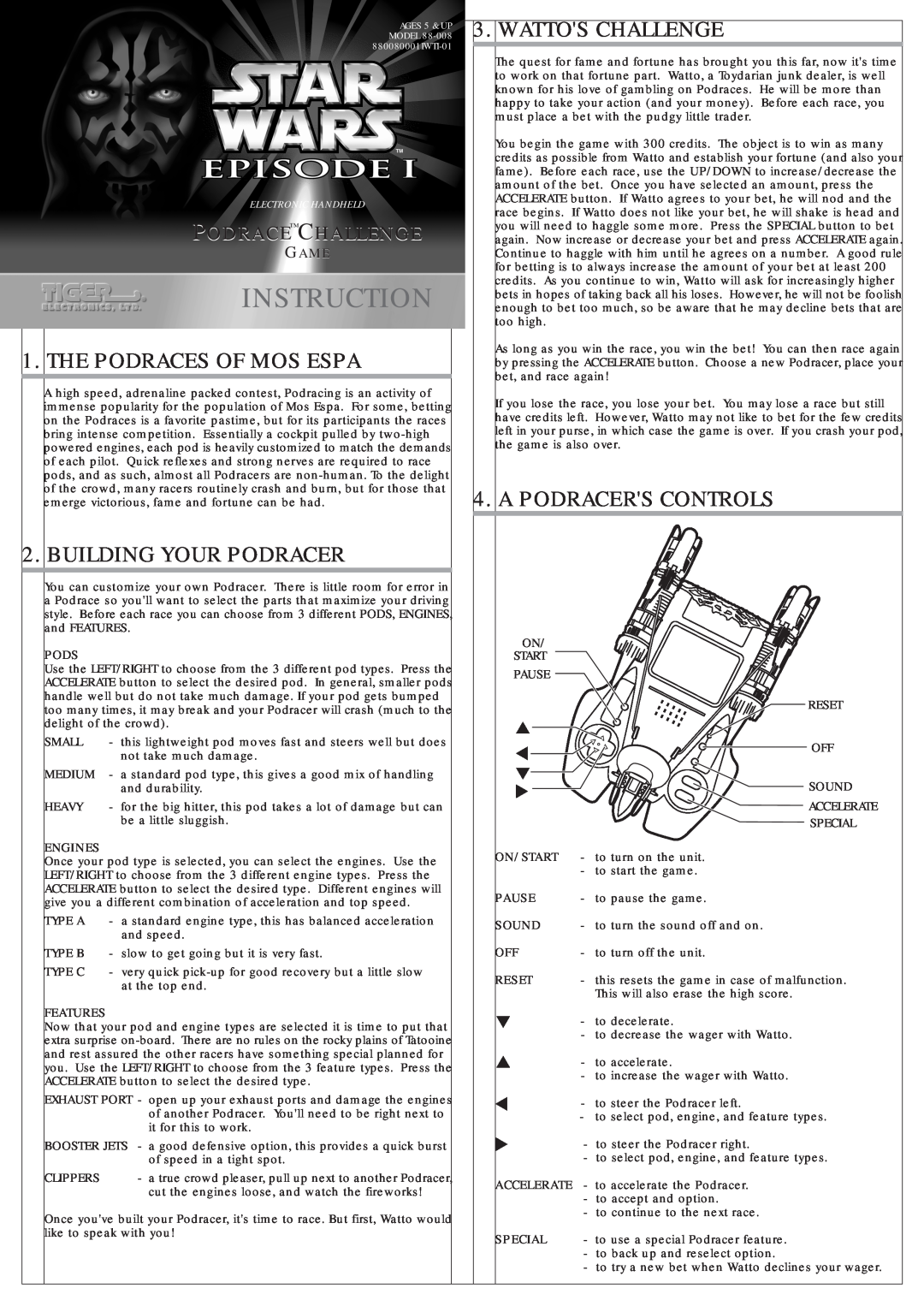 Hasbro 88-008 manual The Podraces Of Mos Espa, Building Your Podracer, Wattos Challenge, A Podracers Controls, Instruction 
