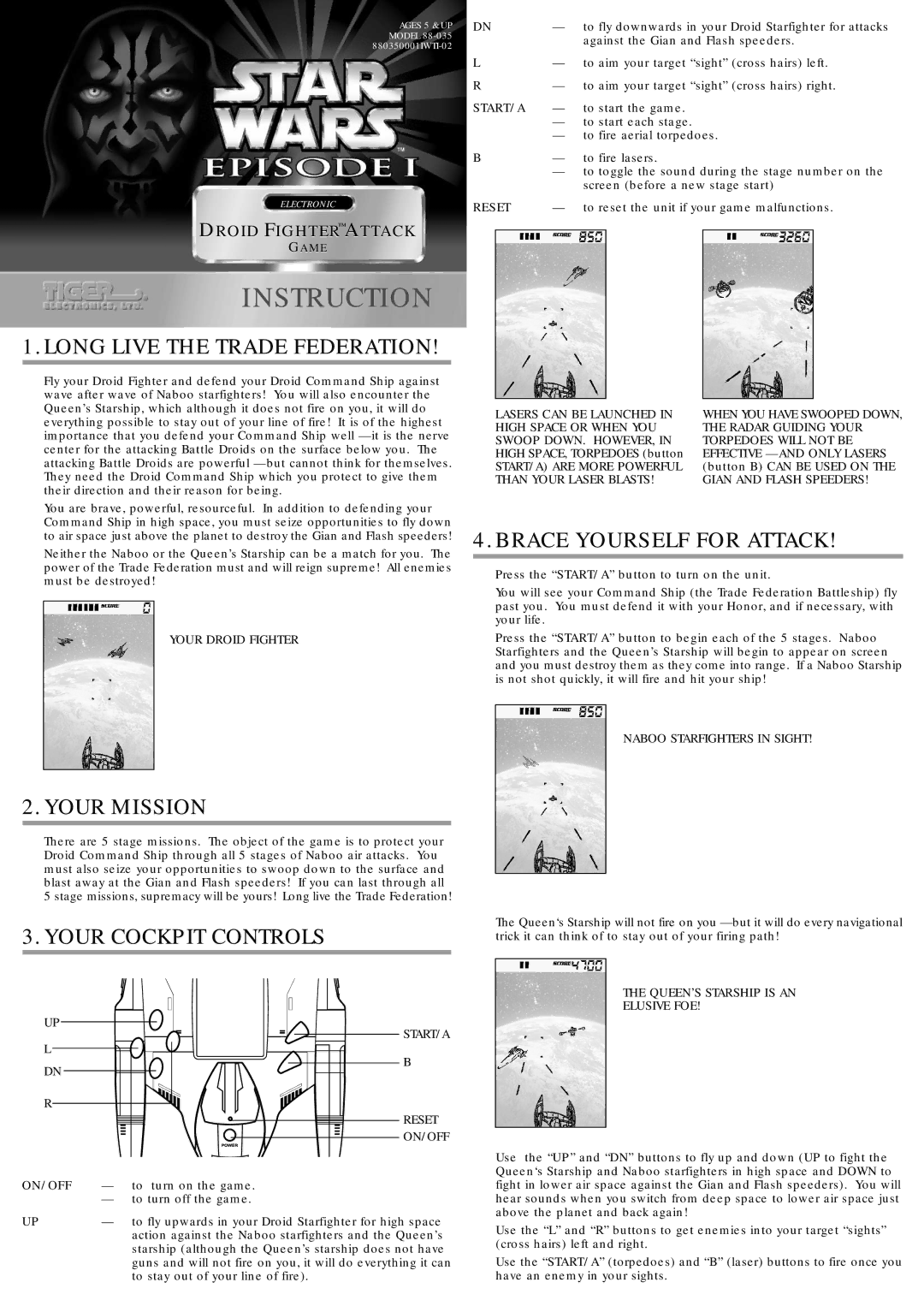 Hasbro 88-035 manual Long Live the Trade Federation, Your Mission, Your Cockpit Controls, Brace Yourself for Attack 