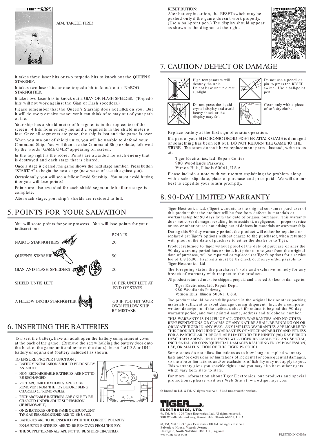 Hasbro 88-035 manual Points for Your Salvation, Inserting the Batteries, DAY Limited Warranty 