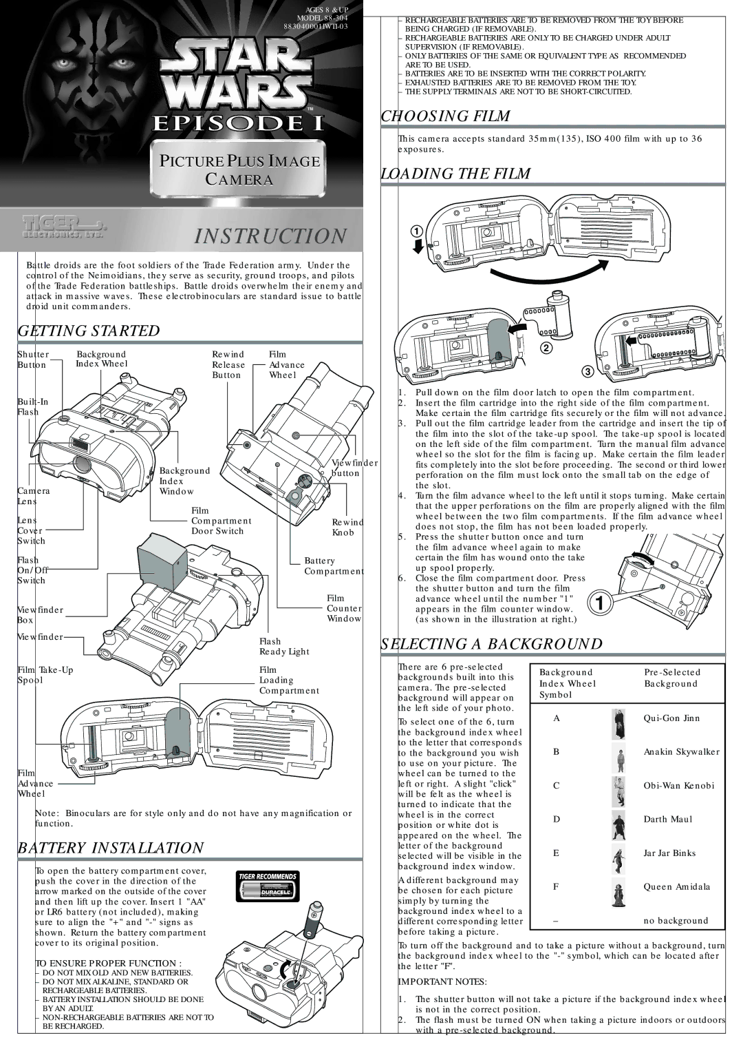 Hasbro 88-304 manual Getting Started, Selecting a Background, Battery Installation, To Ensure Proper Function 