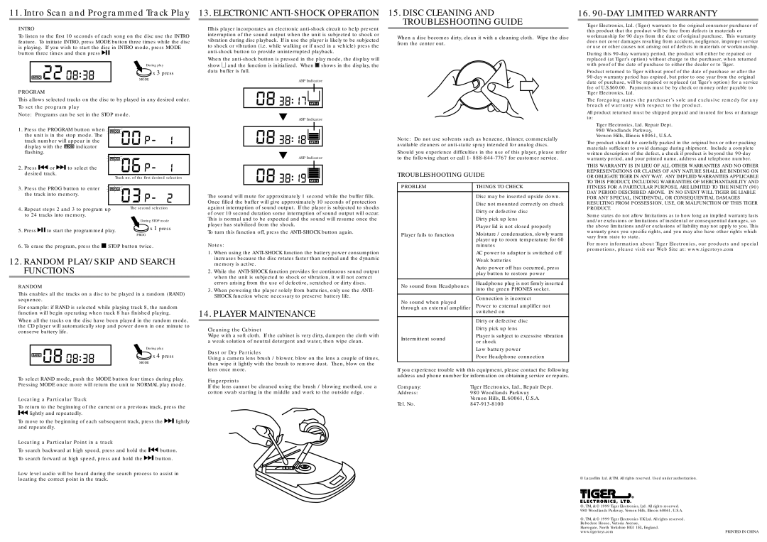 Hasbro 88-308 warranty Disc Cleaning, DAY Limited Warranty, Random PLAY/SKIP and Search Functions, Player Maintenance 