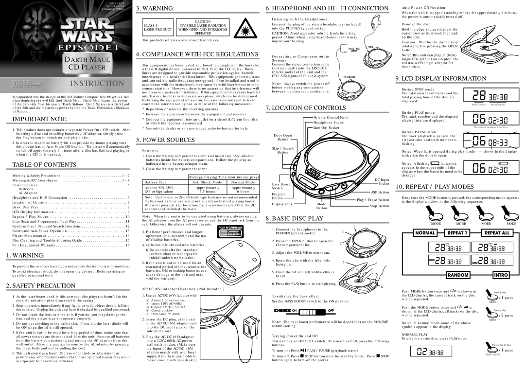 Hasbro 88-308 warranty Instruction, D M Tm, Arth Aul Cd Player 