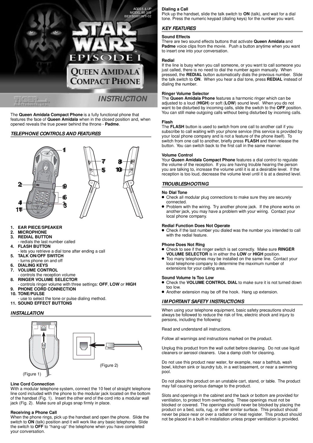 Hasbro 88-315 important safety instructions Telephone Controls and Features, Installation, KEY Features, Troubleshooting 