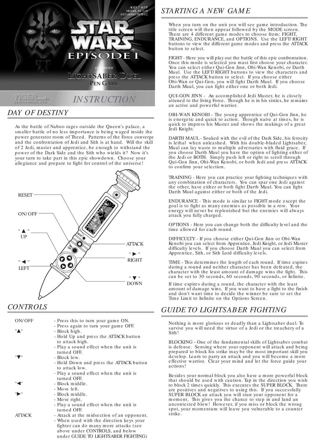 Hasbro 88-510 manual DAY of Destiny, Controls, Starting a NEW Game, Guide to Lightsaber Fighting 