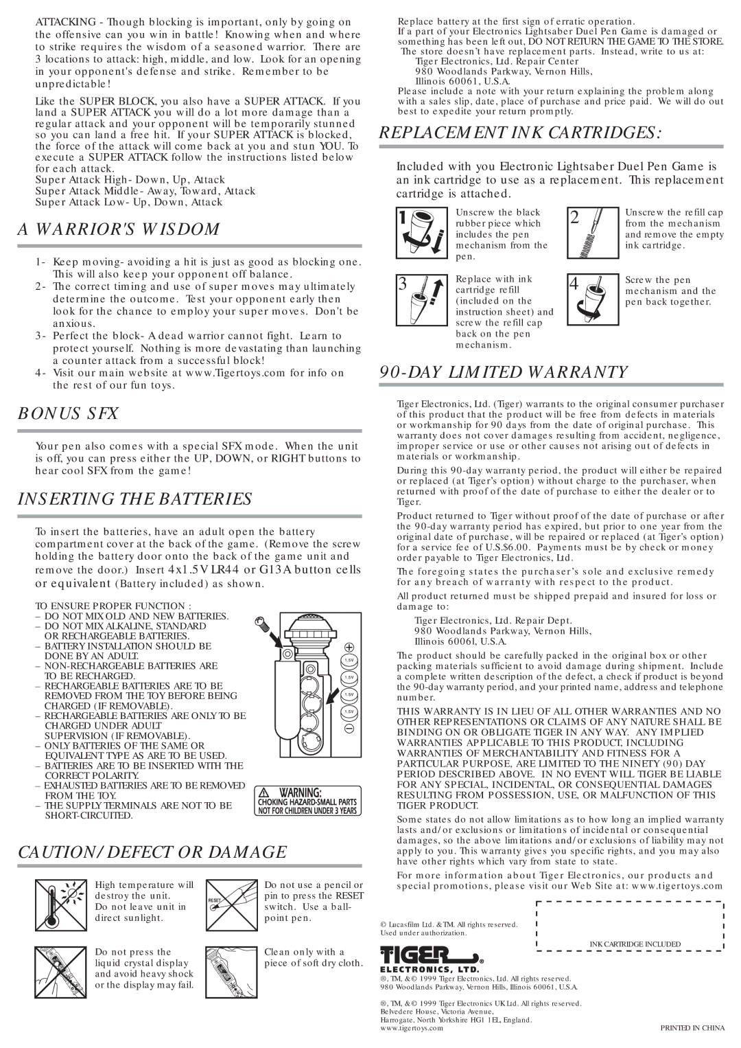 Hasbro 88-510 manual Replacement INK Cartridges, Warriors Wisdom, Bonus SFX, Inserting the Batteries, DAY Limited Warranty 