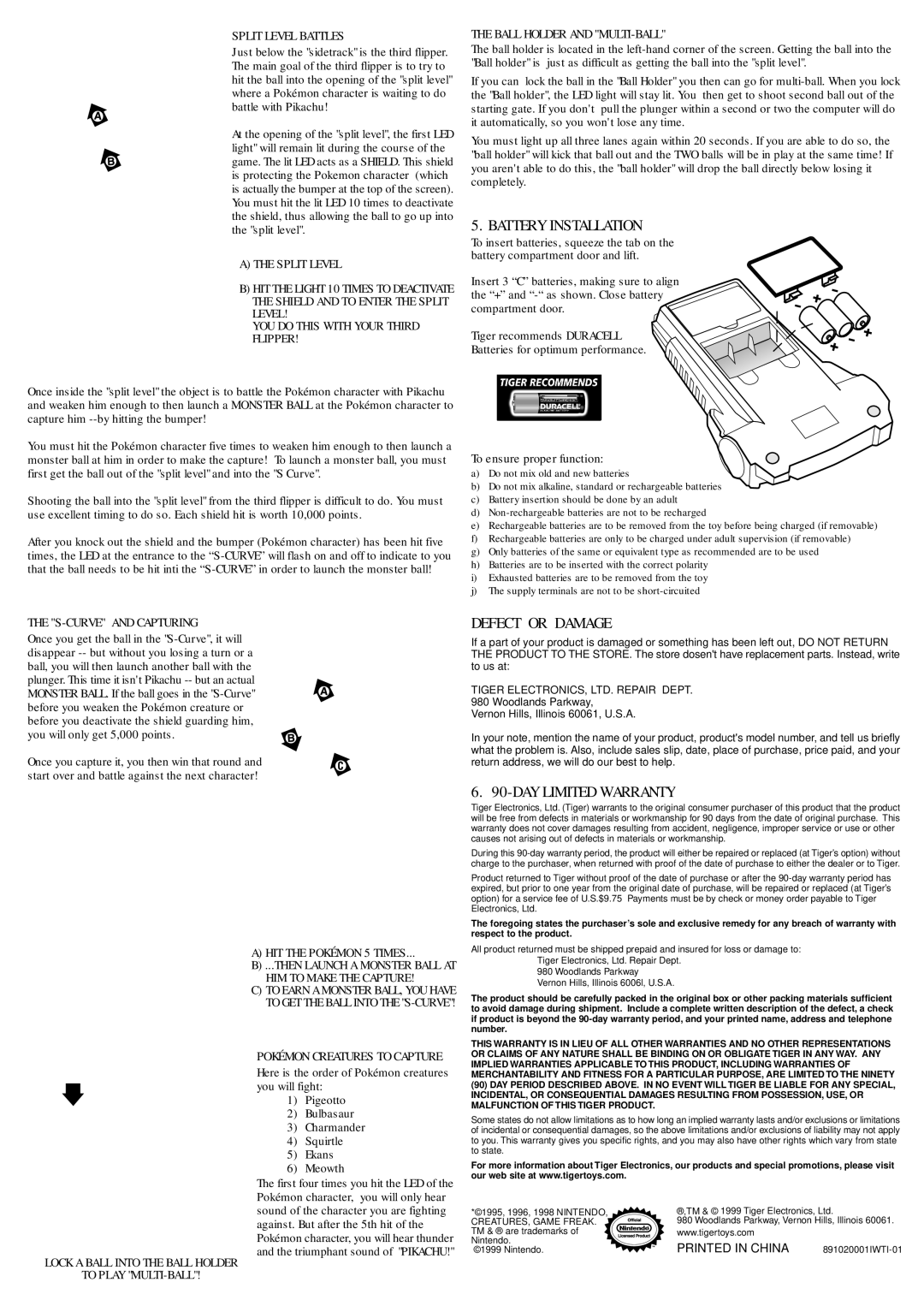 Hasbro 89-102 manual Battery Installation, Defect or Damage, DAY Limited Warranty 