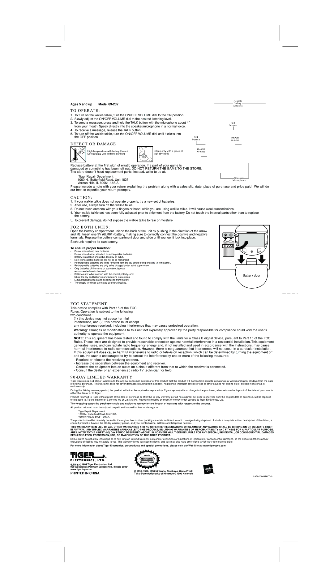 Hasbro 89-202 warranty To Operate, Defect or Damage, For Both Units, FCC Statement, DAY Limited Warranty 