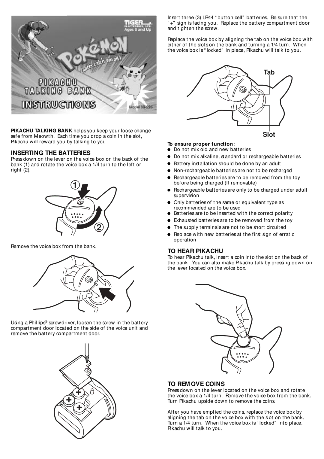 Hasbro 89226 manual Tab, Slot, Inserting the Batteries, To Hear Pikachu, To Remove Coins 