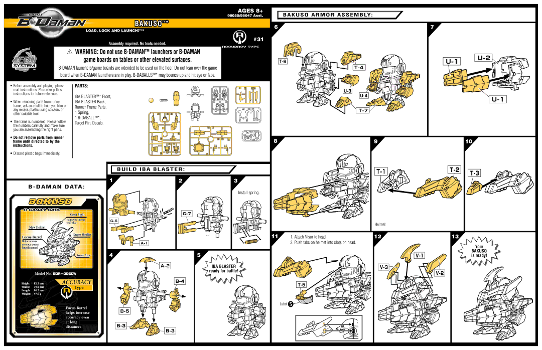 Hasbro 98047 Asst, 98055 manual Bakuso Armor Assembly, Build IBA Blaster 