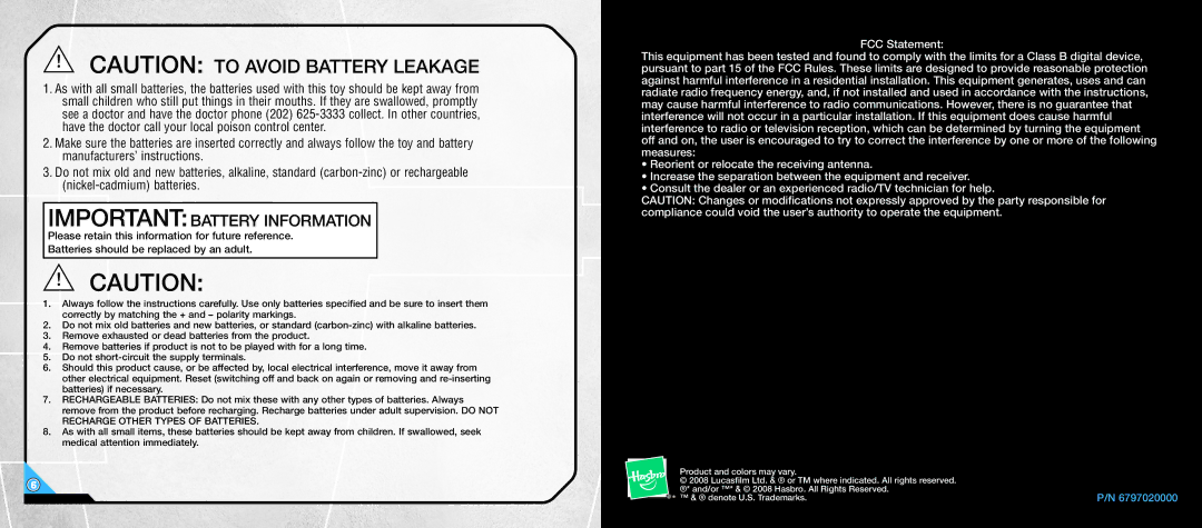 Hasbro AEGS 5+ manual Importantbattery Information 