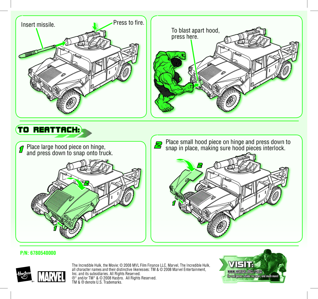 Hasbro AGES 4+ manual To reattach, Place large hood piece on hinge, Snap in place, making sure hood pieces interlock 