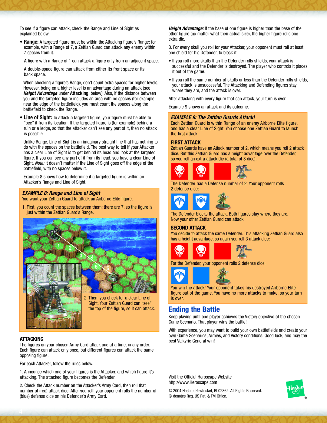 Hasbro AGES 8+ manual Ending the Battle, Example 8 Range and Line of Sight, Example 9 The Zettian Guards Attack 