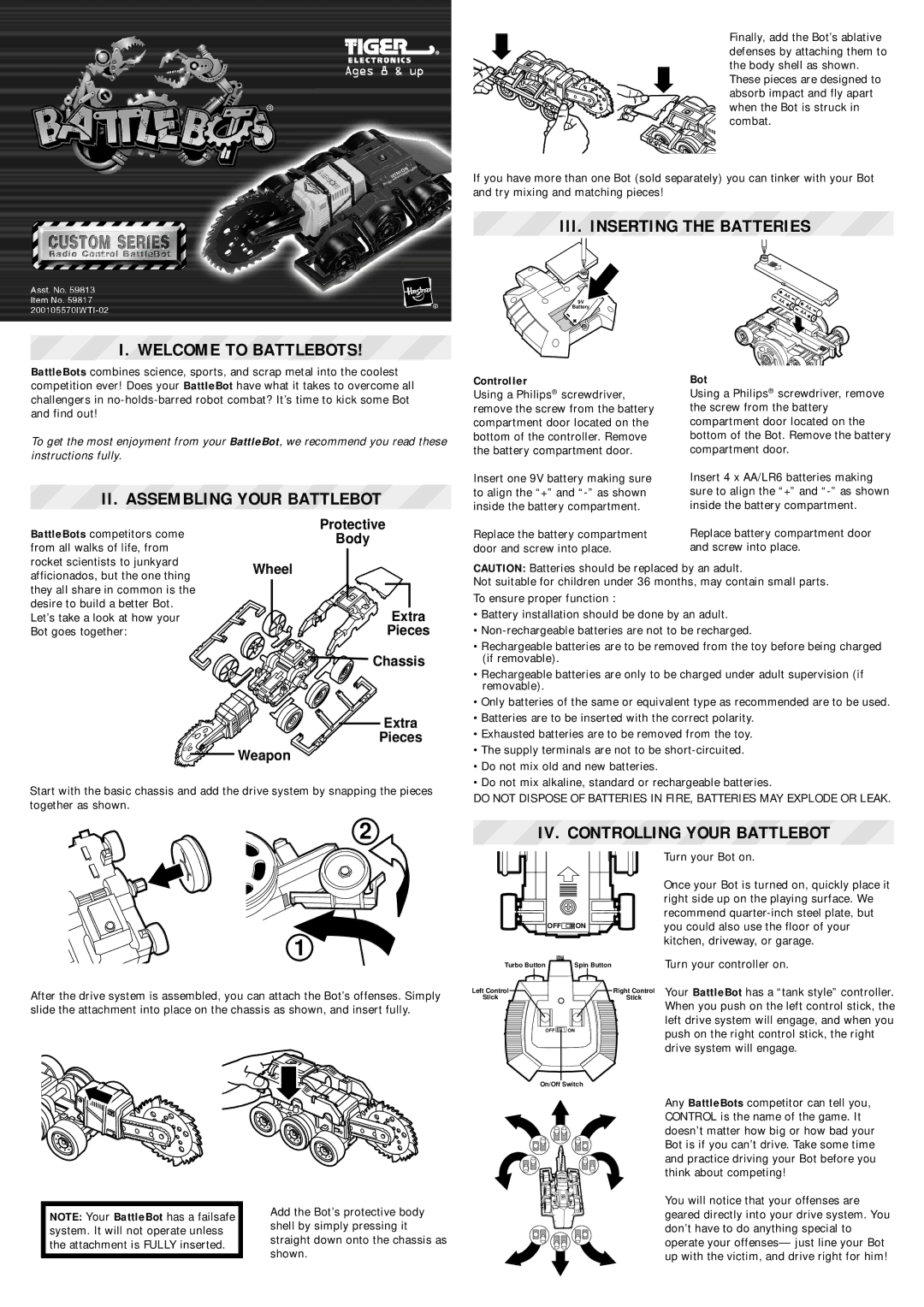 Hasbro AGES 8+ manual Welcome to Battlebots, III. Inserting the Batteries, II. Assembling Your Battlebot 