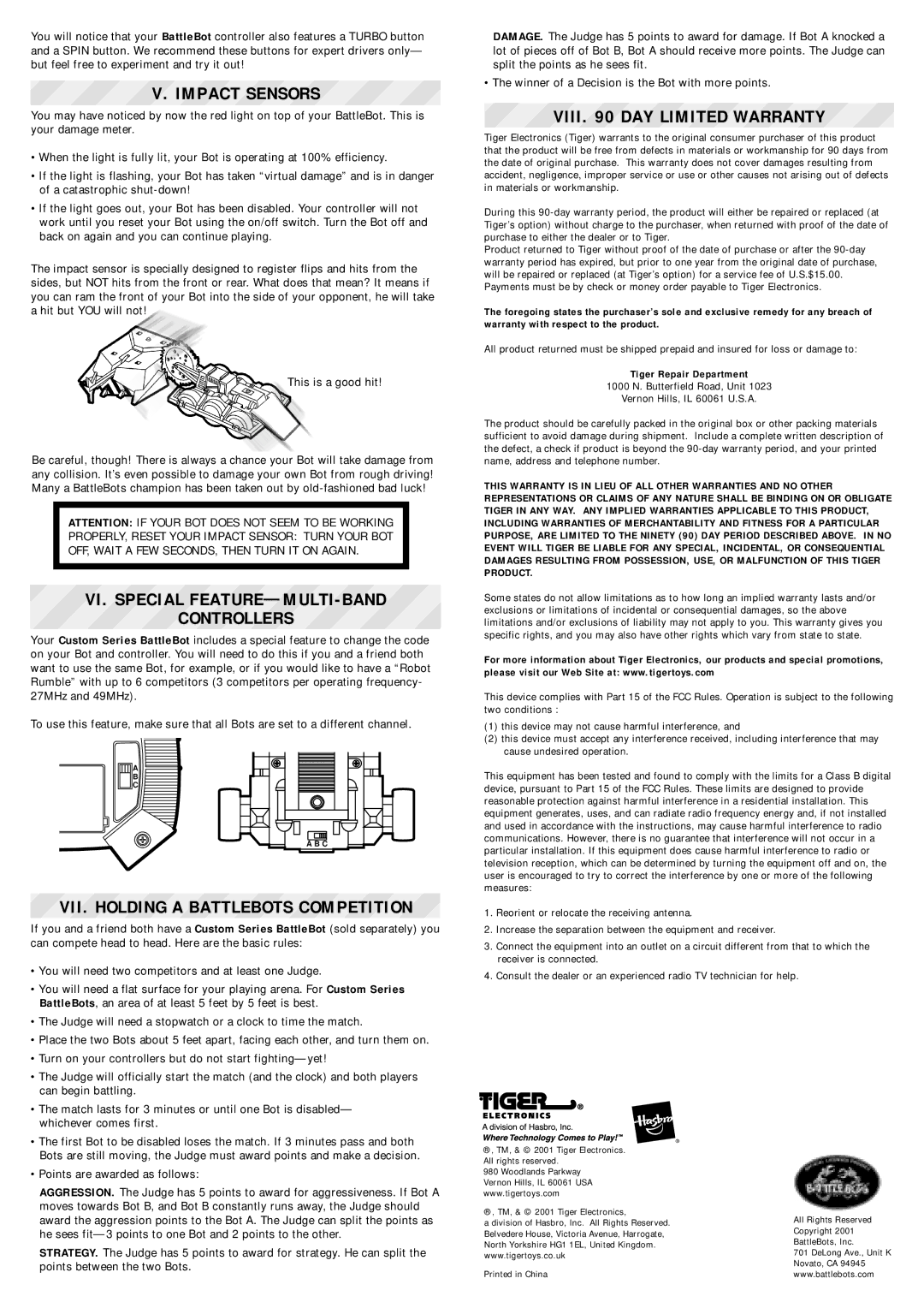 Hasbro AGES 8+ manual Impact Sensors, VI. Special FEATURE-MULTI-BAND Controllers, VII. Holding a Battlebots Competition 